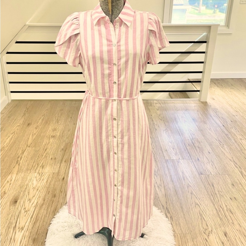 NWT Pink and white button-down collared straight midi double layered dress